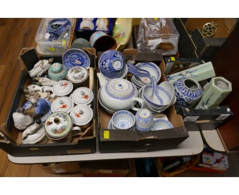 Three boxes of Oriental ceramics, blue and white tea set with tea bowls, mud men ornaments, ceramic flower vases etc