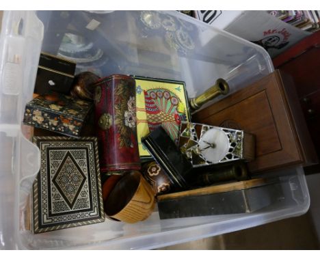 Box of decorative wooden and ornamental trinket boxes, pair of  brass candlesticks etc