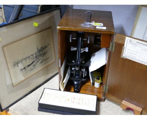 Boxed Service II microscope by Watson &amp; Sons Limited with slides and picture of Perth Bidge 