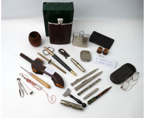 Boxed hip flask, Glenfiddich Whisky hip flask, wooden ware including handmade dice in container, propelling pencils, vintage 