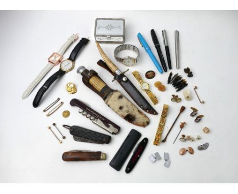 Box of knives, penknives, watches, corkscrews, vintage pens including Parker, cufflinks etc -&nbsp;This bladed lot is not for