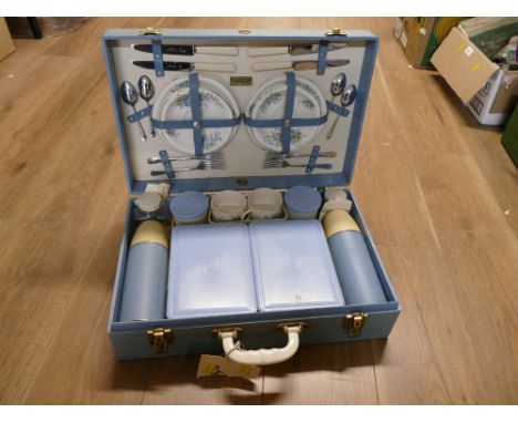 Vintage blue Brexton picnic hamper with contents 