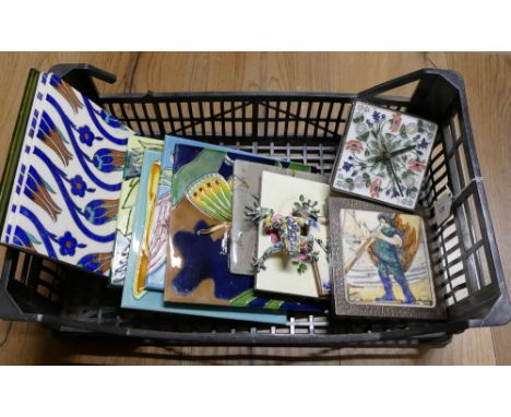 Box of decorative ceramic tiles, clock and frog ornament