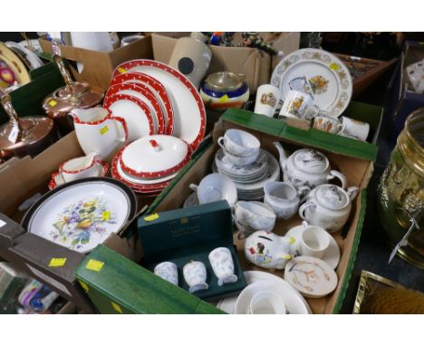 Midwinter Stylecraft red polka dot dinnerware, Hornsea floral patterned plates, stoneware hot water bottle and Egyptian patte