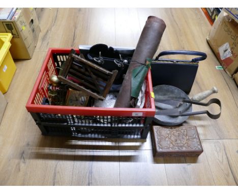 Box of handbags, brass clock, wooden trinket boxes, leather scraps, metal pan, sheep shears etc