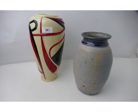 Charlotte Rhead Ducal Ware vase, height 30 cm, and grey/blue Studio Pottery vase marked to base HP