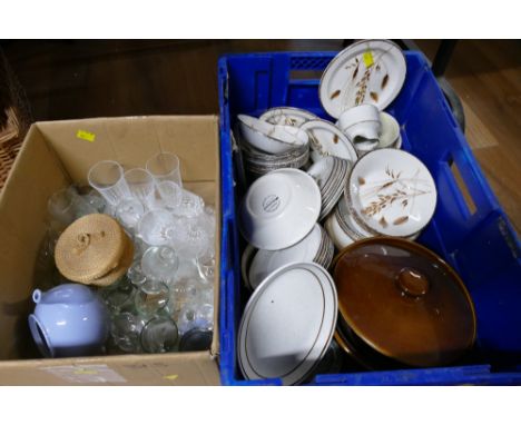 Two boxes of Midwinter Stonehenge Wild Oats pattern dinnerware, glassware, ceramics etc