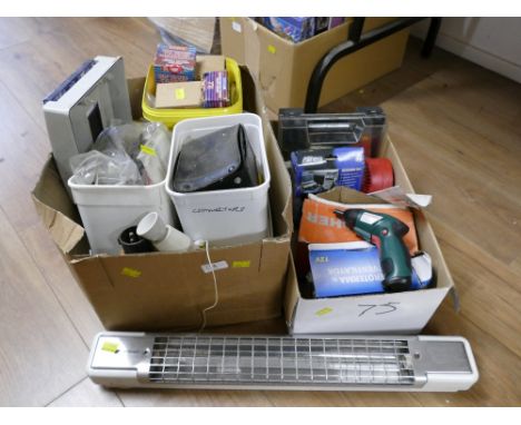 Three boxes of tools, electrical parts, light fittings etc