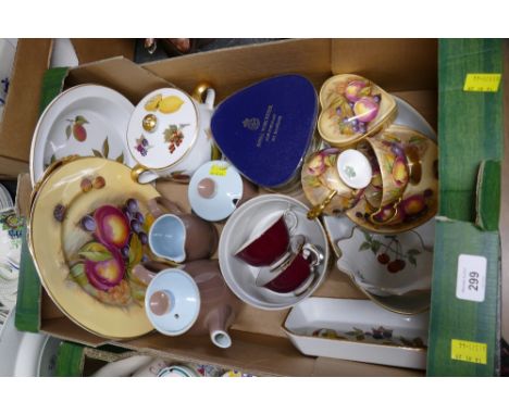 Box of Aynsley fruit patterned cups, saucers, trinket dishes, plates and Royal Worcester Evesham pattern dinnerware etc