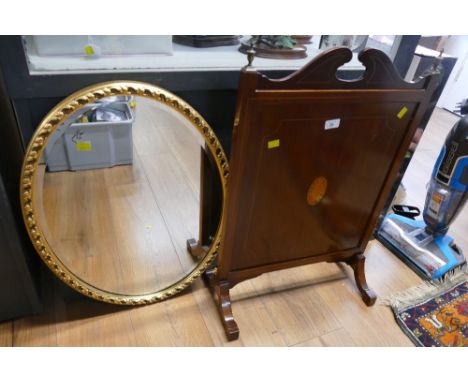 Mahogany inlaid firescreen and oval wall mirror 
