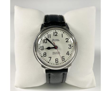 Original 1967 Bulova Accutron RailRoad Approved classic gentleman waterproof stainless steel wristwatch. Features a white rou