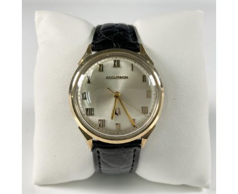 Original 1968 Bulova Accutron classic gentleman waterproof gold plated stainless steel wristwatch. Features a white round fac