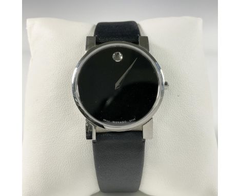 Elegant Movado Museum Classic gentlemen watch with sapphire crystal dot, black face and leather band, stainless steel case, w