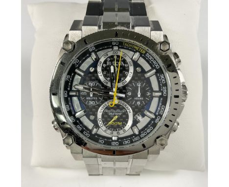 Massive stainless steel Bulova Precisionist dive gentleman watch featuring a round black dial with luminous silver-tone hands