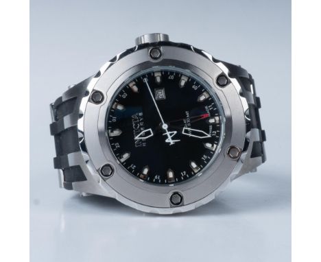 This watch has a stainless steel case and a black dial with luminous hands and index hour markers, and minute markers, GMT, F