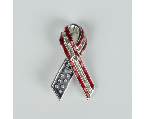 Represent the USA with this large silver tone ribbon brooch with enamel and rhinestones. Unidentified hallmark on the back. D