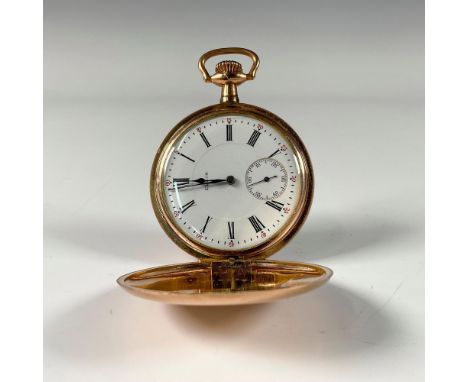 Splendid 1917 Elgin double full Hunter case winding round gold pocket watch. Features a white porcelain dial, black Roman num