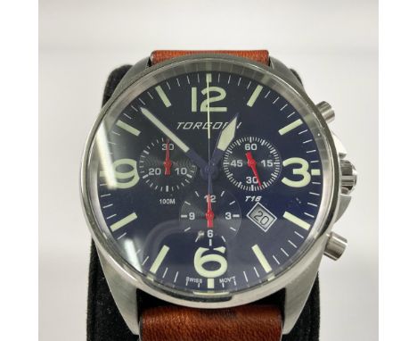 Original Torgoen T16 Chronograph Pilot stainless steel &amp; warm brown leather band gentleman watch. Features a black round 