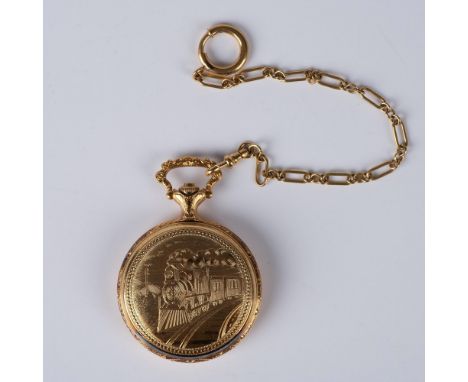Gold metal watch with a beautiful engraving of a train on the front and an ornate pattern on the back. It has a unique rainbo