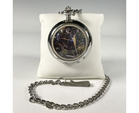 This gorgeous pocket watch is silver with a male deer on the outside cover and watch face. Engraved AL Agnew on the back, thi