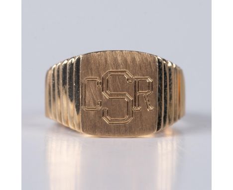 Personalized tested 14k gold ring engraved with the initials CSR. It is stamped B inside the band. Size 8.25. 6g total weight