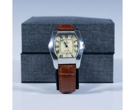 This classy wristwatch has a Japanese quartz face with a stainless steel back. The elegant band is made with genuine leather.