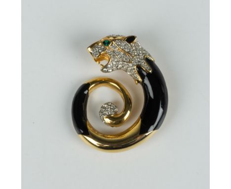 Gold tone big cat with black enamel, clear round crystals, and a green crystal eye. Dimensions: 2.5"L x 2"WCondition: Age rel