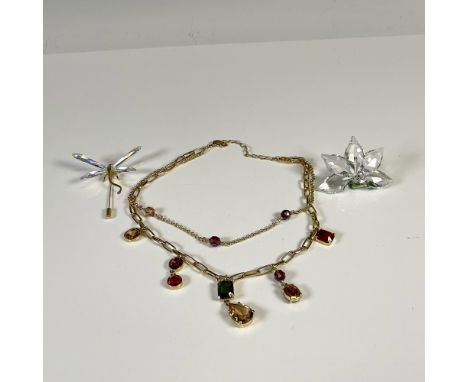 Jewelry includes double strand multicolored necklace 16". dragonfly stickpin 3" and crystal orchid renewal gift made with rho