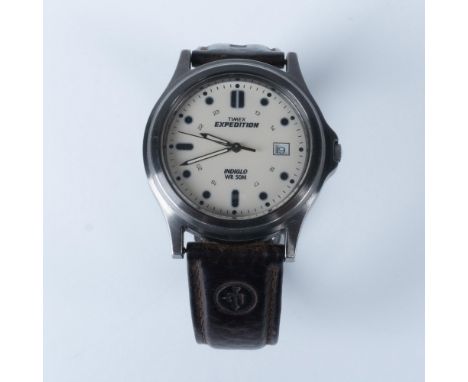 Stainless steel quartz analog watch with luminous Indiglo dial. Water resistant 50m. The total length, including the black le