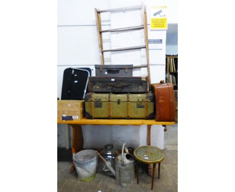Miscellaneous items, including vintage suitcases, travelling trunk, galvanised watering can, bucket etc