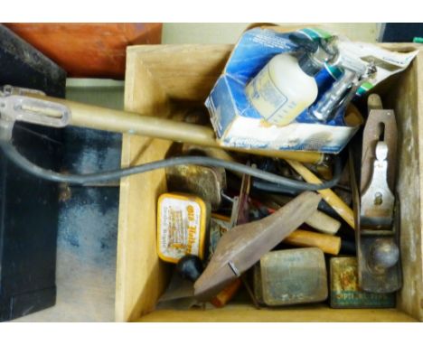 Miscellaneous hand tools, including planes, fertiliser sprayer, drill bits etc