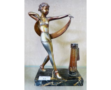 A figural table cigarette lighter, in the form of a dancing lady on marble base (wand missing) 