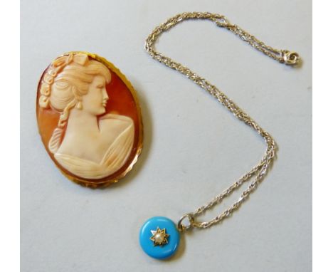 An 18ct gold mounted shell cameo brooch and a Victorian gold and turquoise enamel pendant and chain
