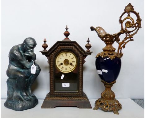 An oak cased mantel clock, together with a spelter and blue ceramic jug and plaster figure of a thinking man (3)