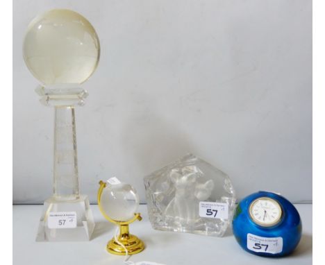 A Caithness paperweight, incorporating a quartz clock together with glass Goebel paperweight, miniature glass globe, glass gl