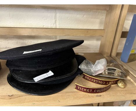 Two vintage railway ticket collectors hats plus further bag of coinage