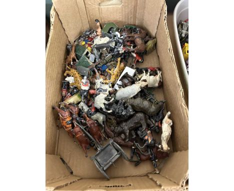 Collection of vintage metal toy figures, mainly farmyard animals