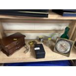 Mixed Lot: Small jewellery box, bedside clock, horse brasses etc