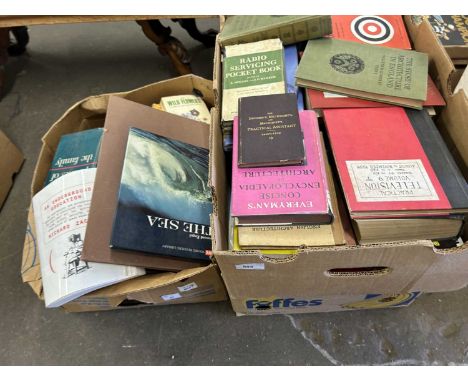 Three boxes containing a large quantity of various books including architecture, vintage television, flora and fauna, geograp