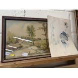 Watercolour study, country village scene, indistinctly signed together with a coloured print of a