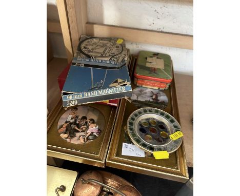 Group of various items, two framed pictures, vintage icing set, hand magnifier etc