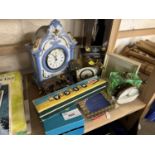 Various small mantel clocks and clock parts