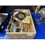 Box of various beer mats, assorted kitchen wares etc