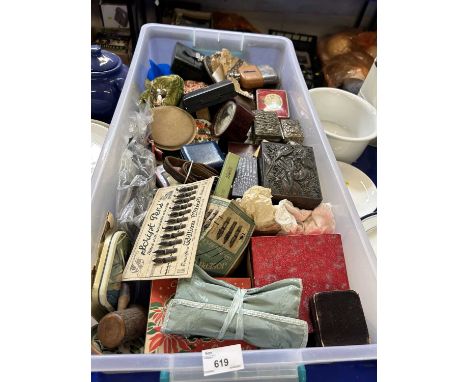 Plastic box containing a quantity of metal boxes, plated hip flask, some powder cases and other items