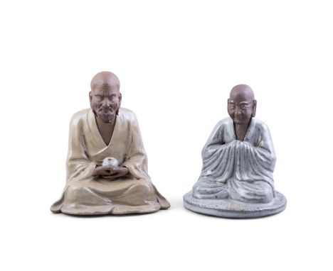 TWO SHIWAN KILN SEATED FIGURES OF ARHAT, ONE SIGNED PAN YU SHUChina, late Qing dynasty.Carved seated in dhyanasana wearing a 