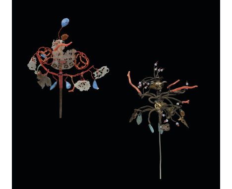 A GROUP OF TWO HAIRPINS清代 白玉珊瑚点翠嵌百宝吉祥紋飾銀頭釵兩件China, Qing dynasty.with jade, serpentine, coral and kingfisher, decorated figure