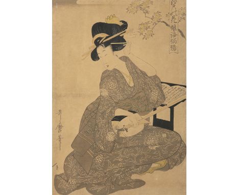 KITAGAWA UTAMARO 喜多川歌麿 (Japan, 1752-1806) Courtesan playing Samisen Oban tata-e / woodblock print Framed with a glass Notes:K