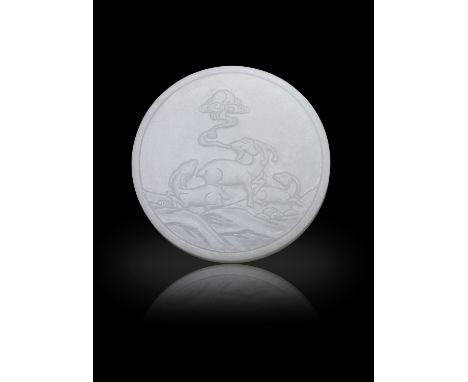 A WHITE JADE CIRCULAR CARVING OF A 'THREE RAMS' PENDANT清代 白玉御製詩’三羊開泰’珮China, Qing dynastyThe circular pendant is exquisitely 