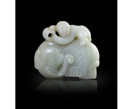 A CELADON JADE ‘ELEPHANT AND BOY’ GROUP清代 青玉圓雕童子洗像擺件China, Qing dynasty.Elaborately sculpted in three dimensions, this artwor