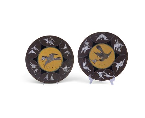 A PAIR OF CLOISONNÉ ENAMEL DISHES, Japan, Meiji period (1868-1912)each central reserve depicting stages of an eagle hunting a